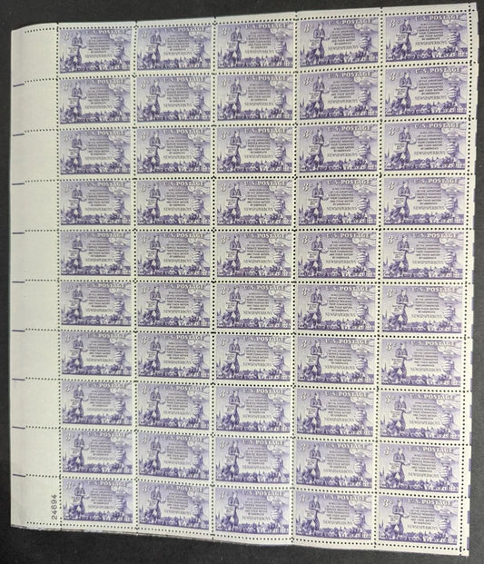 1952 USA Newspaper Boy 3c Sheet -Scott 1015 -MNH, Undisturbed OG -No Sig Flaws
