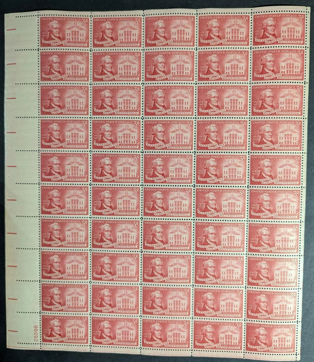 1957 USA 3c Hamilton Sheet -Scott 1086 -MNH, Undisturbed OG - No Sig Flaws