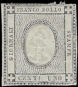 1861 Sardinia Newspaper 1c Stamp - 3 Margins! - Sc# P1 - FV630