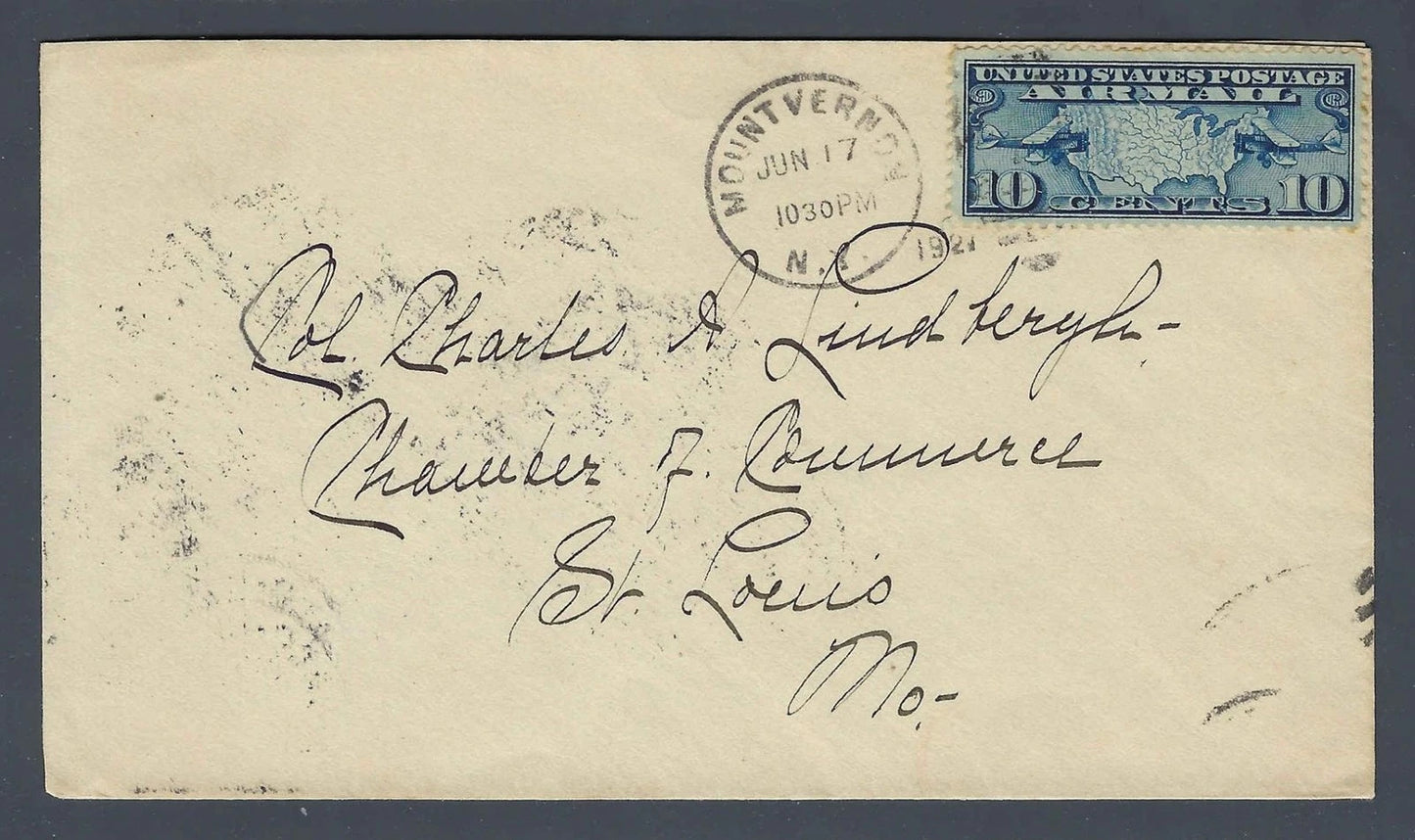 1927 Airmail Cover Addressed to Col Charles A. Lindbergh St. Louis 10c Map Stamp