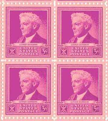 1940 Famous Americans Luther Burbank Scientist Block of 4 3c Sc#876, MNH, OG