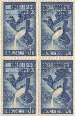 1957 Steel Centennial Block of 4 3c Postage Stamps, Scott1090 MNH ,OG
