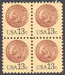 1978 Indian Head Penny Block of 4 13c Postage Stamps, Scott 1734, MNH, OG