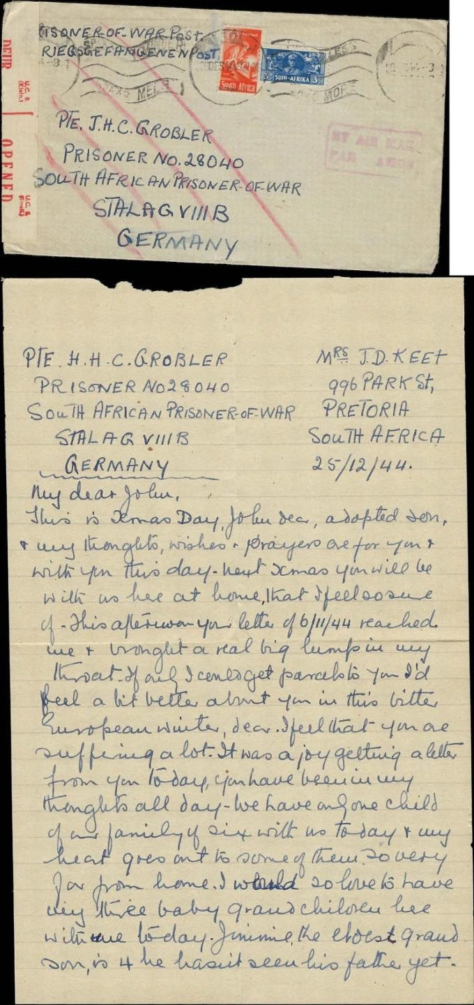 WW2 Cover & Christmas Letter from South Africa to POW in Germany Stalag VIIIB