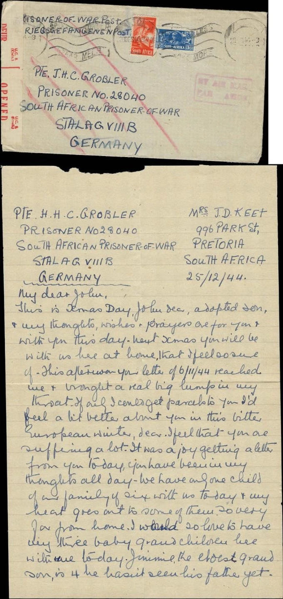 WW2 Cover & Christmas Letter from South Africa to POW in Germany Stalag VIIIB