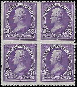 c1894 - #253 (No WM) 3c Jackson Block of 4 - MH, OG - 1 Short Perf - Cat= $500!
