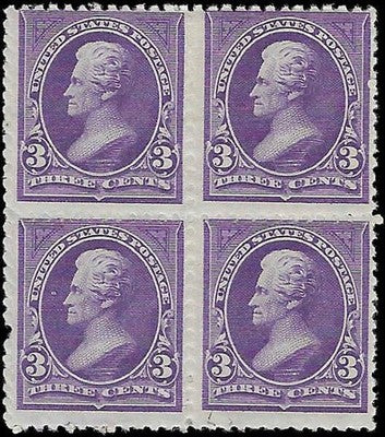 c1894 - #253 (No WM) 3c Jackson Block of 4 - MH, OG - 1 Short Perf - Cat= $500!