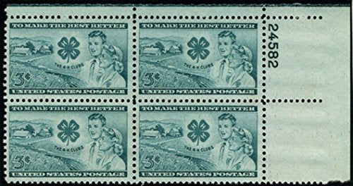 1952 4HClubs Plate Block of 4 3c Postage Stamps - Sc# 1005 - MNH,OG