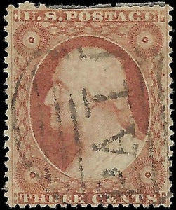 c1857 - Sc# 26 Scott 3c Stamp - Used - "Paid" Cancel