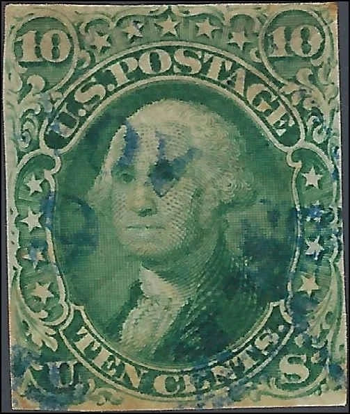 1861 USA - Scott 68 - 10c - Edge trimmed with Blue Town Cancel