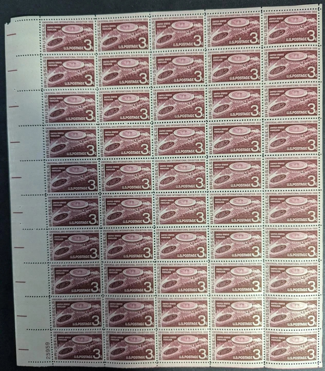 1958 USA 3c Brussels Expo Sheet -Scott 1104 -MNH, Undisturbed OG -Corner Flaw