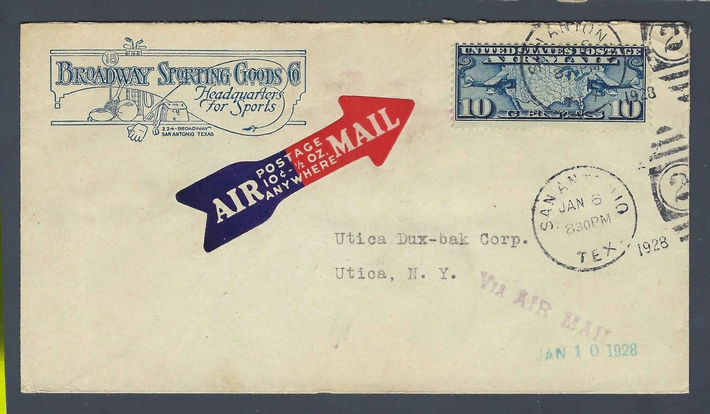 1928 San Antonio Texas Airmail Cover Broadway Sporting Goods C16 10c Map