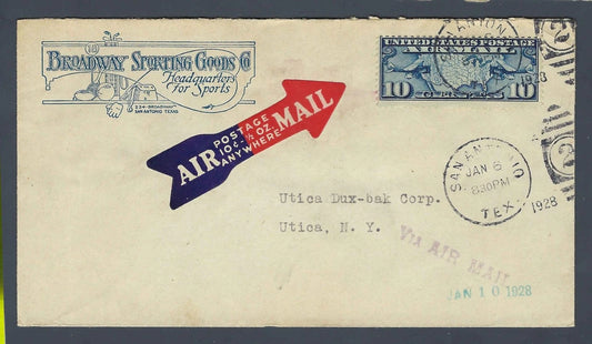 1928 San Antonio Texas Airmail Cover Broadway Sporting Goods C16 10c Map