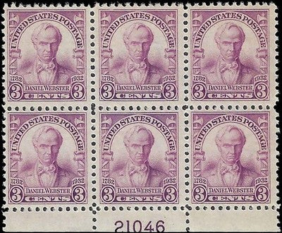 c1932 - #725 Daniel Webster Plate Block of 6 - MLH, OG