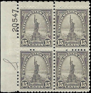 c1931 - Sc# 696 Statue of Liberty Plate Block of 4 - MH, OG