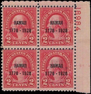 c1928 - Scott 647 2c Hawaii Overprint Issue - Plate Block - MNH, Undisturbed OG