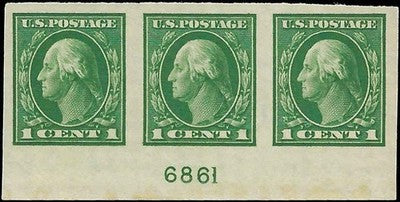 c1912 - USA - Scott 408 Imperf - MNH Plate # Strip of 3 - Nice Centering!