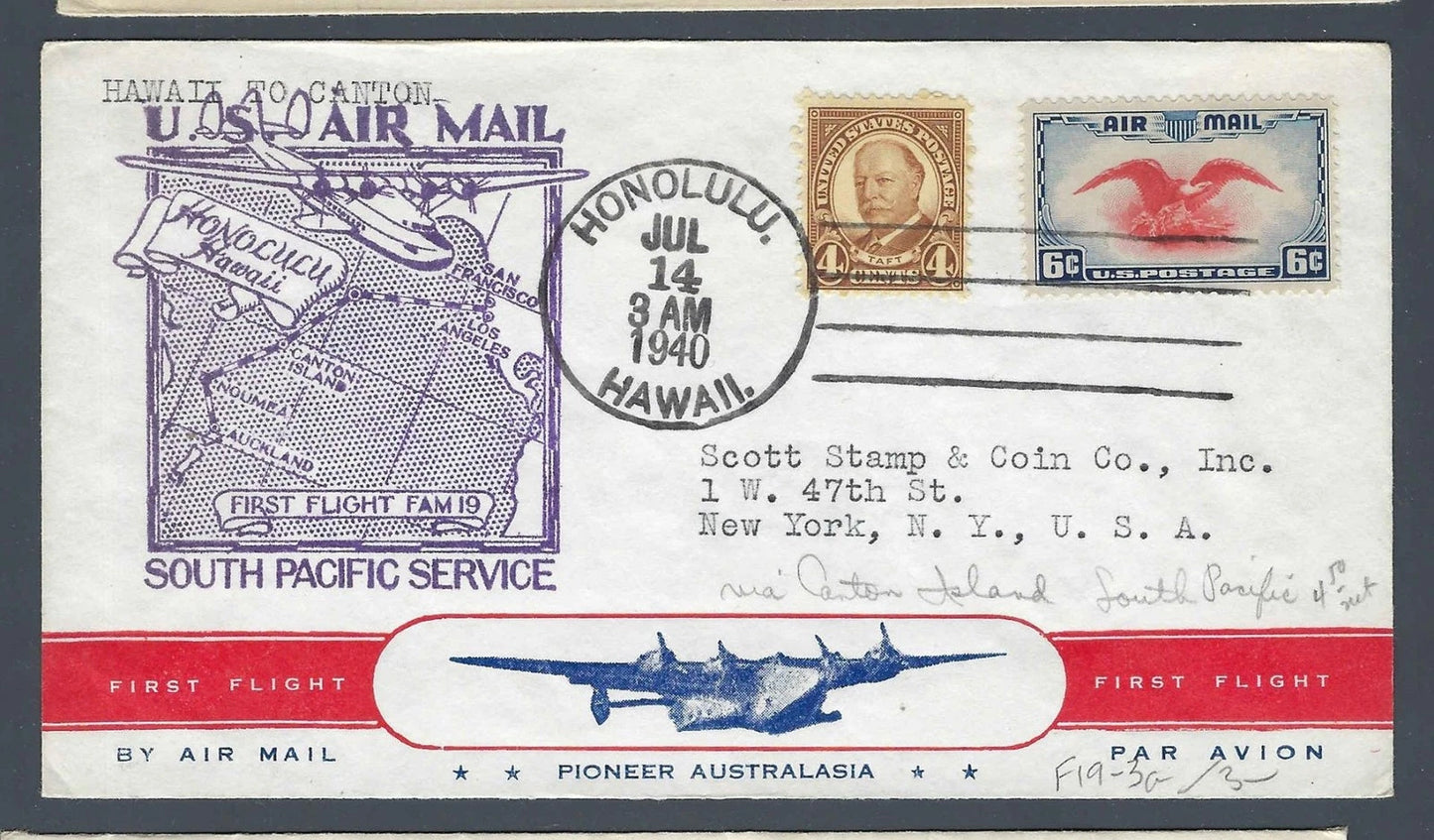 1940 FAM 19 First Flight Cover Honolulu to Canton Island South Pacific C23