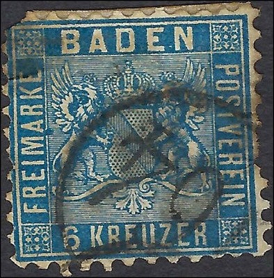 c1862 Baden, Germany 6kr - Scott 16 (Perf 10) - with Flaws as Shown - Cat= $235