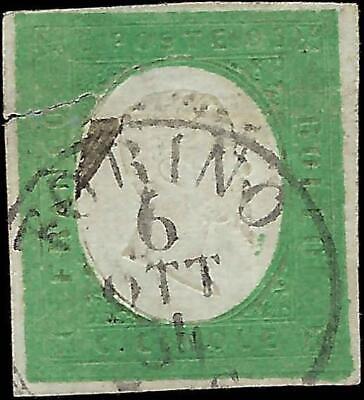 VEGAS - 1854 Sardinia Italy 5c Stamp -Scott 7 - Used With Tear - See Images