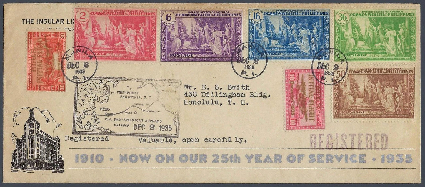 1935 Philippines FAM 14 First Flight Cover Manila Honolulu Pan Am Clipper