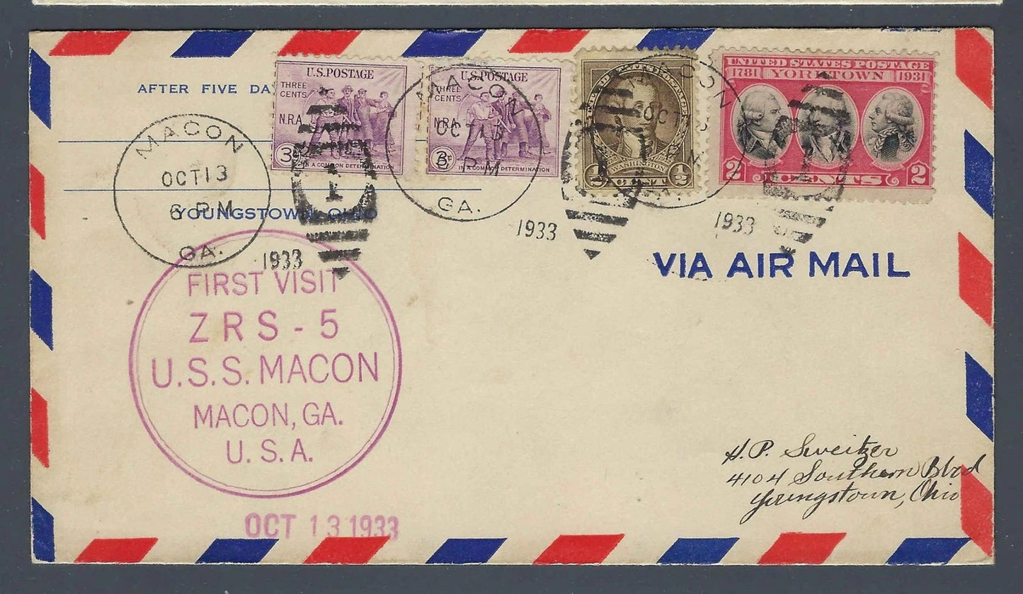 1933 USS Macon ZRS-5 First Visit Cover Macon GA Navy Airship NRA Stamps