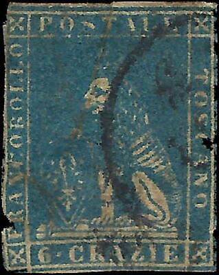VEGAS - 1857-59 Tuscany Italy 6 Crazie Stamp - Scott 15 - Repaired Tear - FV577