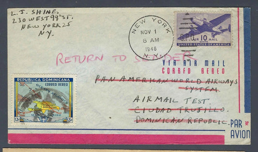 1946 Dominican Republic-US Airmail Test Cover to Pan American Airways NY