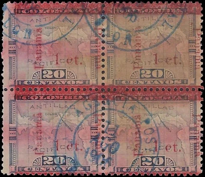 c1906 - Scott # 181 Error 1c on 20c Panama Used Blk of 4 - Panama Written Once
