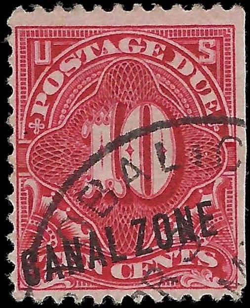 1914 USA Canal Zone10c Postage Due - Scott J3 - Used - Right Side Trimmed