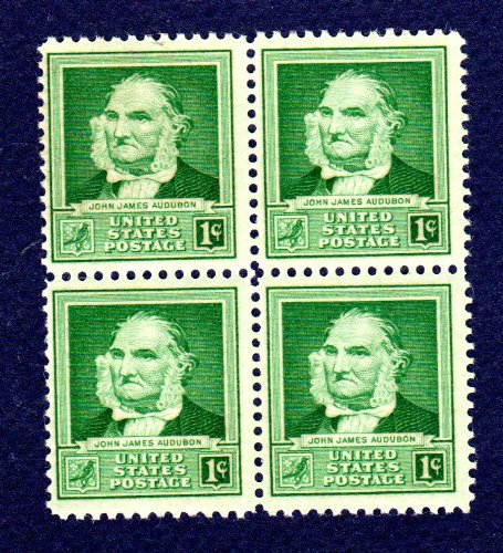 1940 Famous Americans John James Audubon, Painter Blk of 4 1c Stamps, Scott874