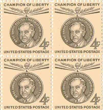 1959 Ernst Reuter Block of 4 4c Postage Stamps, Scott 1136, MNH, OG