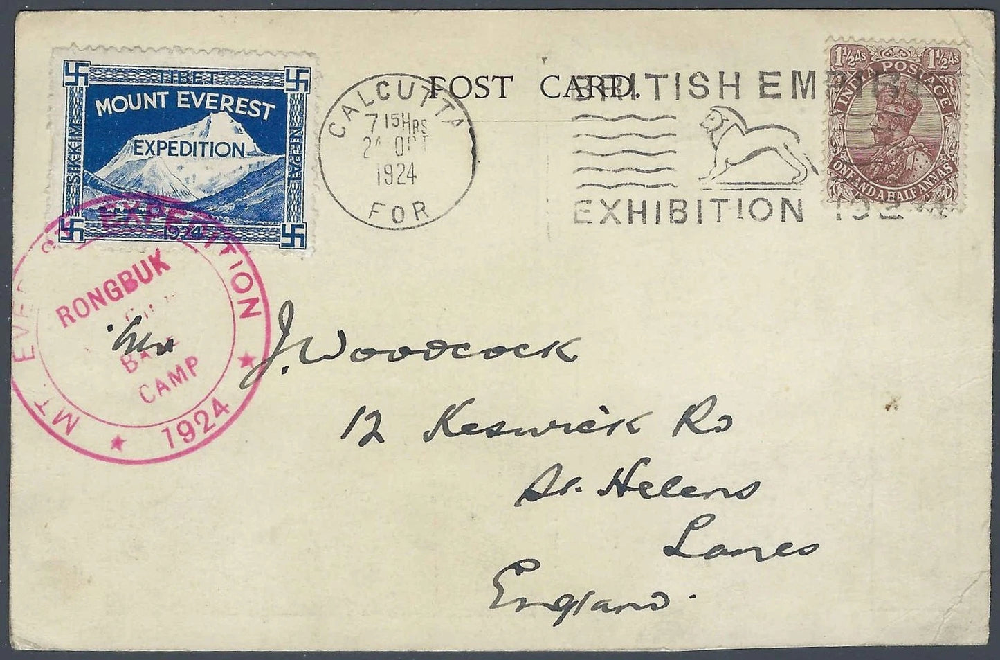 1924 Mt Everest Expedition Postcard Rongbuk Base Camp Calcutta India