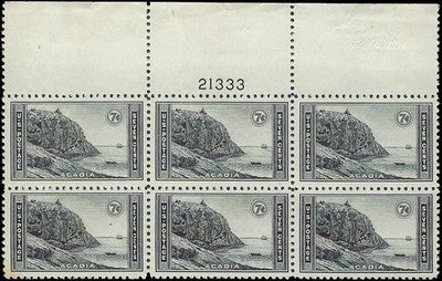 c1934 - #746 Acadia Plate Block of 6 - MH/MNH, OG (Hinge in Margin Only)