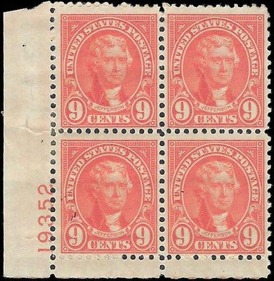 c1927 - Scott 641 President Jefferson Plate Block of 4 - MH, OG