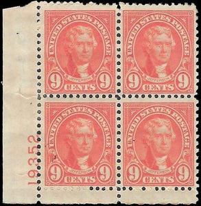 c1927 - Sc# 641 President Jefferson Plate Block of 4 - MH, OG