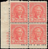 c1927 - Sc# 641 President Jefferson Plate Block of 4 - MH, OG