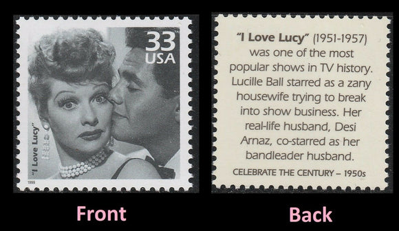 1999 Celebrate the 1950s I Love Lucy Single 33c Postage Stamp, Sc#3187l, MNH, OG