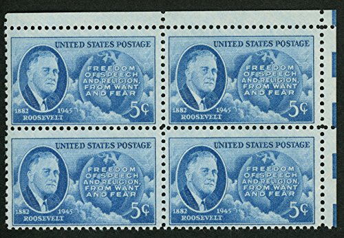 1945 Franklin D. Roosevelt Block of 4 5c Postage Stamps, Scott933, MNH, OG