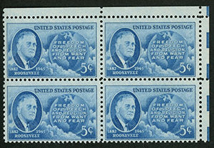 1945 Franklin D. Roosevelt Block of 4 5c Postage Stamps, Sc#933, MNH, OG