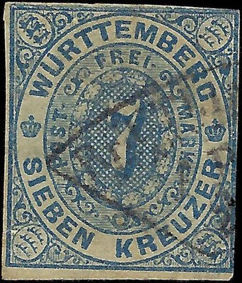 c1869 Wurttemberg 7kr - Scott 50 - Used - Nice Margins - Small Thin Behind Hinge