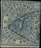 c1869 Wurttemberg 7kr - Scott 50 - Used - Nice Margins - Small Thin Behind Hinge