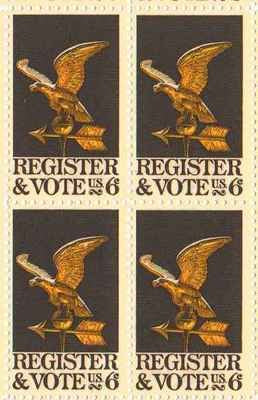 1968 Register and Vote Block of 4 6c Postage Stamps, Scott1344, MNH, OG