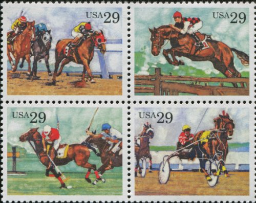 1993 Sporting Horses Block of 4 29c Postage Stamps, Scott2756 - 2759, MNH, OG