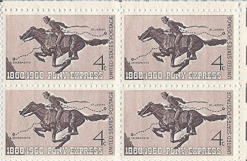 1960 Pony Express Block of 4 4c Postage Stamps, Scott1154, MNH, OG
