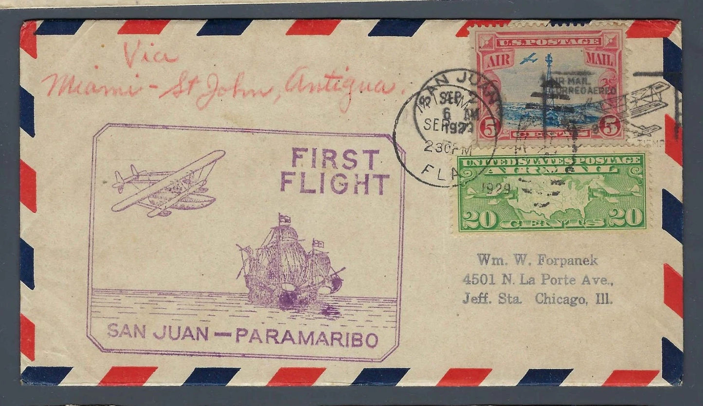 1929 FAM-6 First Flight San Juan-Paramaribo Via Antigua St Johns Transit