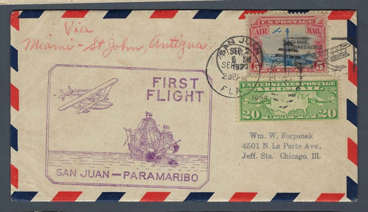 1929 FAM-6 First Flight San Juan-Paramaribo Via Antigua St Johns Transit