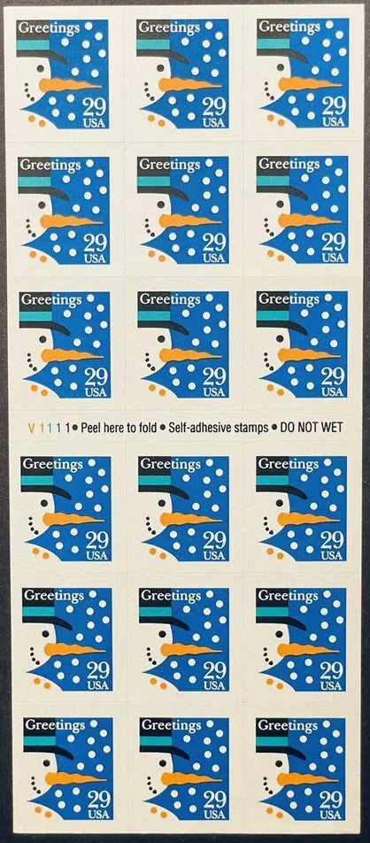 1993 Snowman Greetings 29c ATM Booklet Pane of 18 - Scott 2803a - MNH