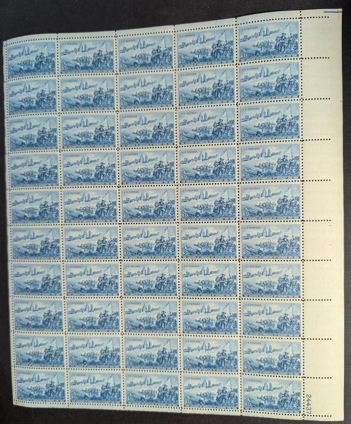 1951 USA Detroit 3c Sheet -Scott 1000 -MNH, Undisturbed OG - No Sig Flaws