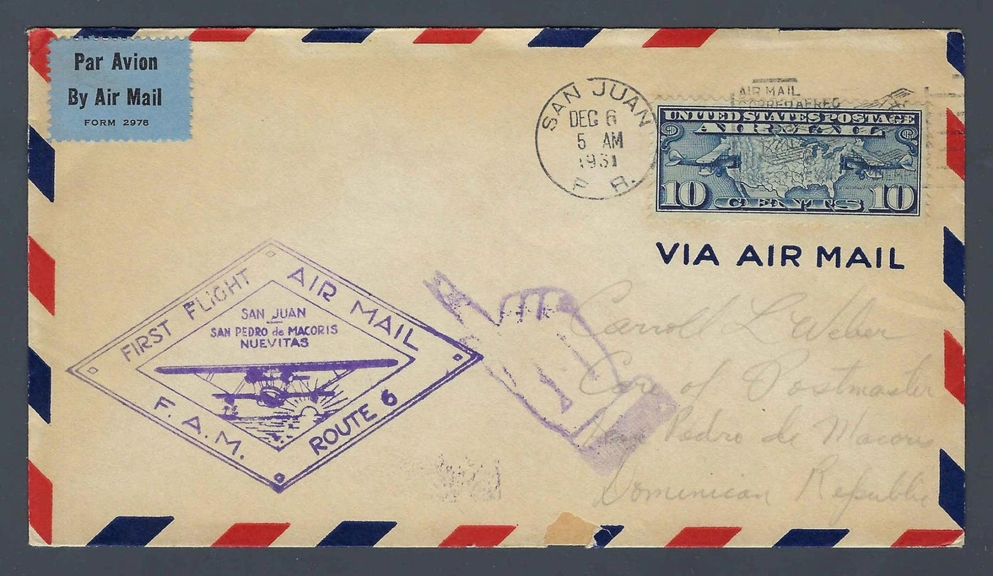 1931 FAM 6 First Flight Cover San Juan Puerto Rico to San Pedro de Macoris DR Pl